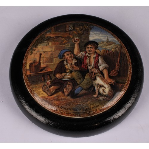 19 - A Staffordshire Pratt ware pot lid, The Enthusiast, 11cm diameter, circular ebonised mount; other, T... 