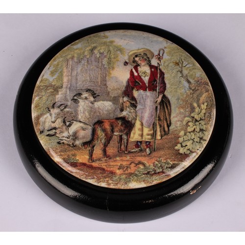 19 - A Staffordshire Pratt ware pot lid, The Enthusiast, 11cm diameter, circular ebonised mount; other, T... 