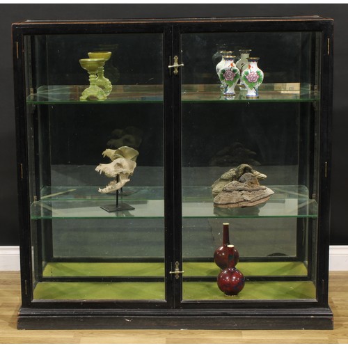 1415 - A late Victorian ebonised shop display cabinet or showcase, mirrored back, F. Sage & Co’s patent han... 