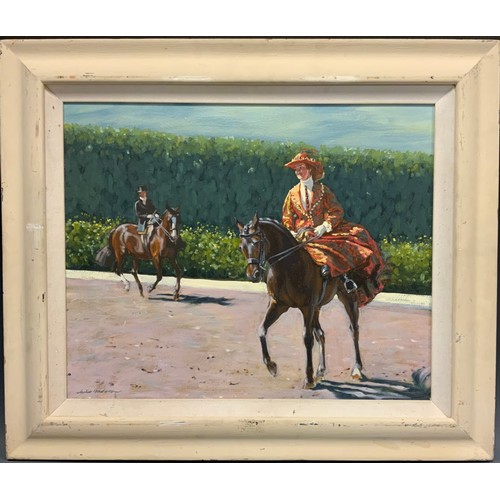 477 - Jackie Henderson, (contemporary) Dressage, A Winners Smile, signed, oil on board, 44cm x 55cm.