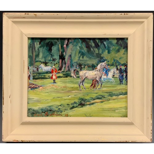 437 - Frank Boothman,  (fl. 1953 - 1965)  Training the Horses, signed, dated 53, oil on board, 19.5cm x 24... 