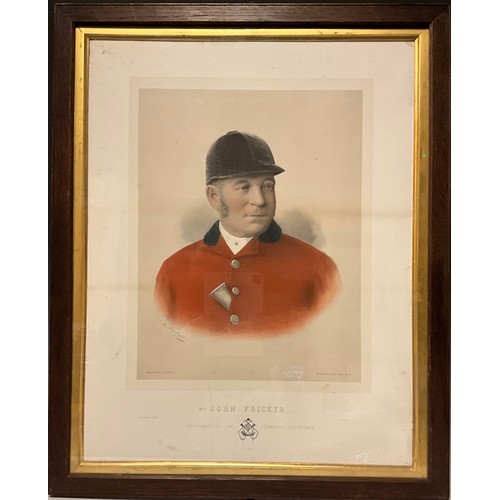 346 - John Fricker, Huntsman to the Tedworth Fox-Hounds, coloured lithograph, dated 1886, 63cm x 70cm