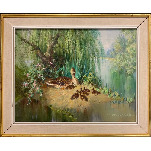 511 - Vernon Ward (1905-1985). Wooded river scene with duck and chicks ' titled Summer Babies', verso, sig... 