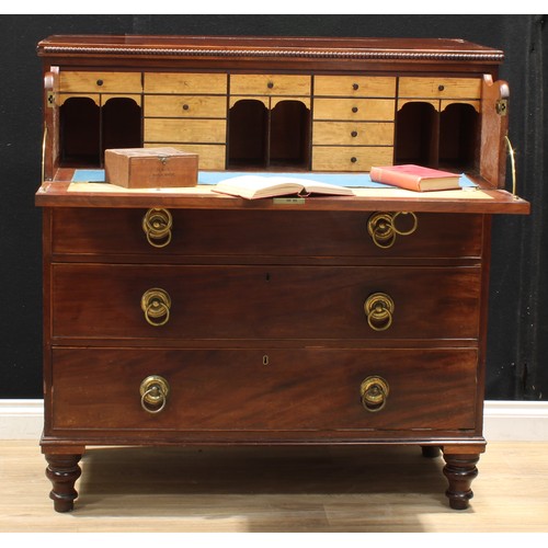 1330 - A George IV mahogany secretaire chest, of four long drawers, the upper with fall front enclosing sma... 