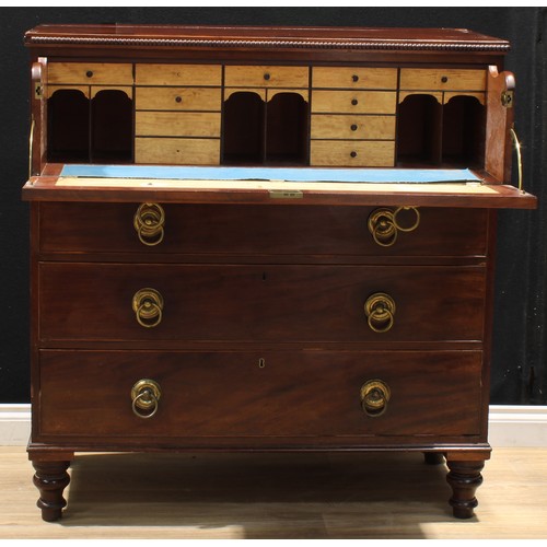 1330 - A George IV mahogany secretaire chest, of four long drawers, the upper with fall front enclosing sma... 