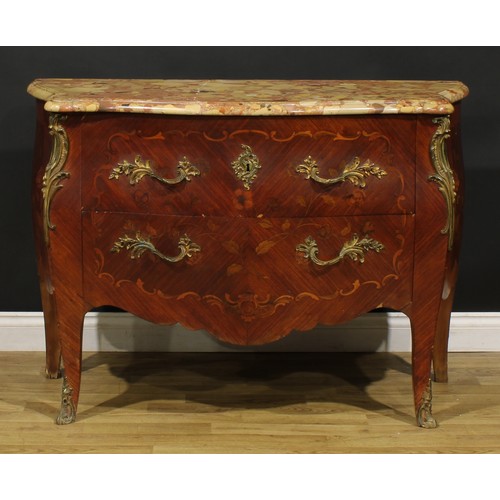 1204 - A Louis XV Revival gilt metal mounted kingwood and marquetry bombe commode, marble top above two lon... 