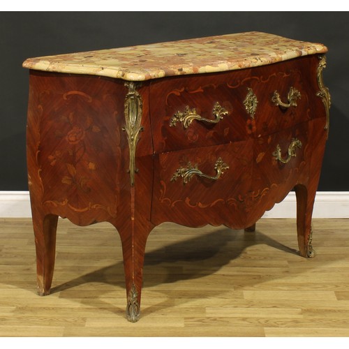 1204 - A Louis XV Revival gilt metal mounted kingwood and marquetry bombe commode, marble top above two lon... 