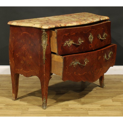 1204 - A Louis XV Revival gilt metal mounted kingwood and marquetry bombe commode, marble top above two lon... 