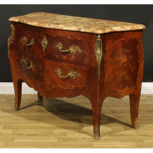 1204 - A Louis XV Revival gilt metal mounted kingwood and marquetry bombe commode, marble top above two lon... 