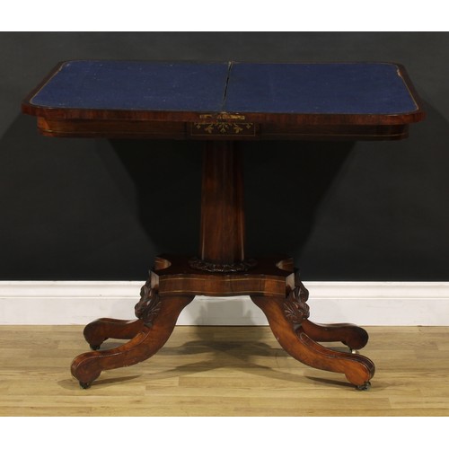 1427 - A Regency rosewood and brass marquetry card table, hinged top enclosing a baize lined playing surfac... 