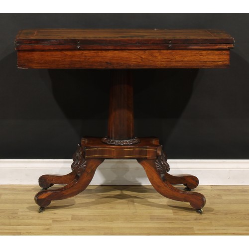 1427 - A Regency rosewood and brass marquetry card table, hinged top enclosing a baize lined playing surfac... 