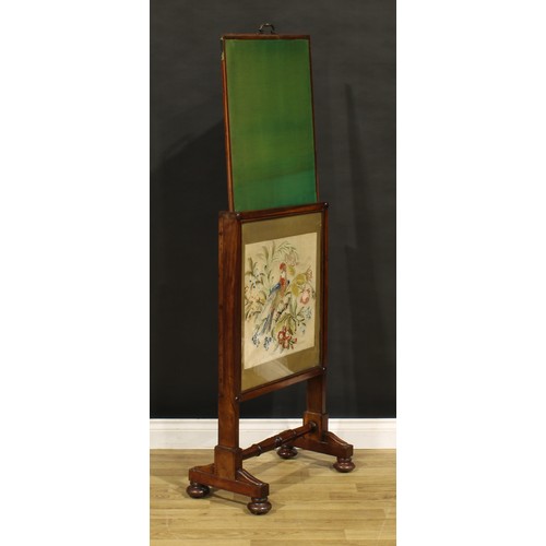 1871 - A William IV mahogany fire screen, needlework banners, pull-out extension banner, turned stretcher, ... 