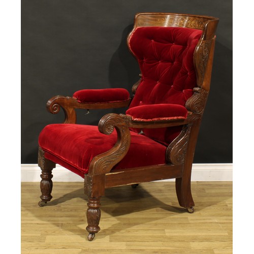 1388 - A 19th century mahogany and marquetry reclining armchair, curved cresting rail inlaid with swans and... 