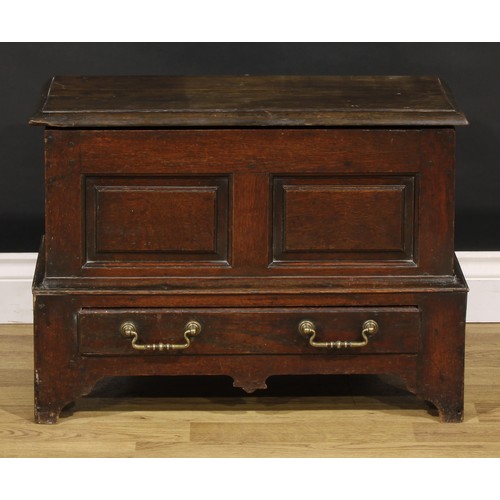 1316 - A 17th century style Welsh oak coffer bach, hinged cover, two panel front above a long drawer, 46cm ... 