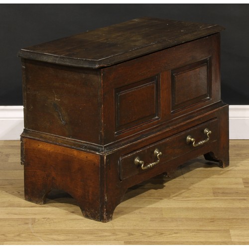 1316 - A 17th century style Welsh oak coffer bach, hinged cover, two panel front above a long drawer, 46cm ... 