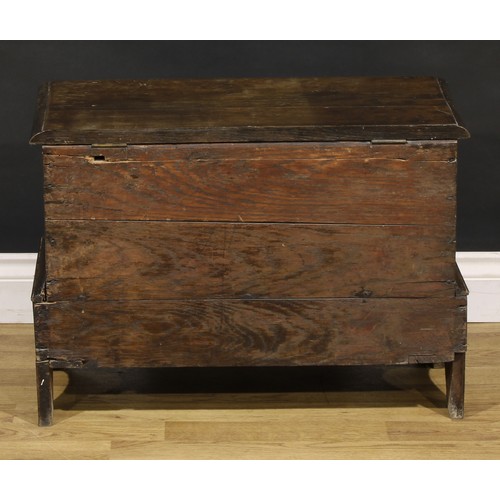 1316 - A 17th century style Welsh oak coffer bach, hinged cover, two panel front above a long drawer, 46cm ... 