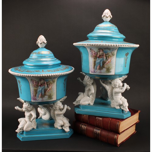 146 - A pair of large Continental porcelain table centrepieces, decorated in the manner of Sèvres, pseudo ... 