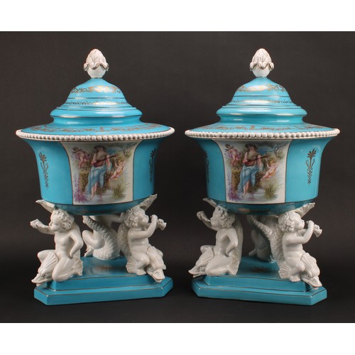 146 - A pair of large Continental porcelain table centrepieces, decorated in the manner of Sèvres, pseudo ... 