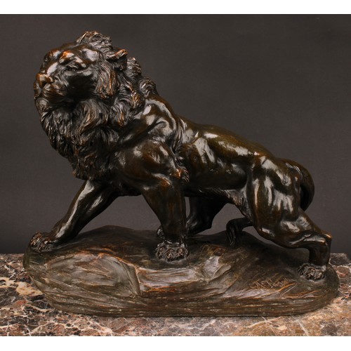 1568 - A Fagalto, after, a bronzed terracotta model, of a lion, standing proud on a rocky outcrop, 46.5cm l... 