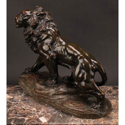 1568 - A Fagalto, after, a bronzed terracotta model, of a lion, standing proud on a rocky outcrop, 46.5cm l... 