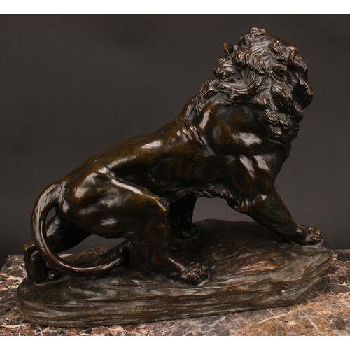 1568 - A Fagalto, after, a bronzed terracotta model, of a lion, standing proud on a rocky outcrop, 46.5cm l... 