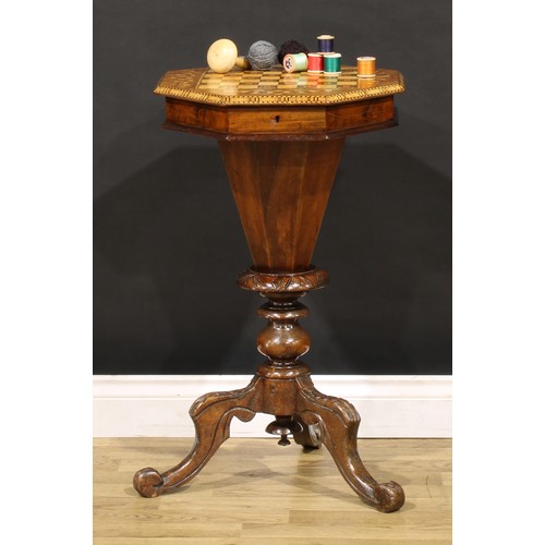 1451 - A Victorian walnut, marquetry and parquetry trumpet shaped combination work and games table, hinged ... 