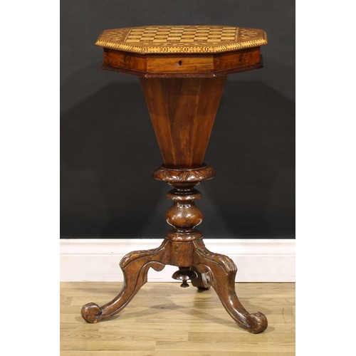 1451 - A Victorian walnut, marquetry and parquetry trumpet shaped combination work and games table, hinged ... 