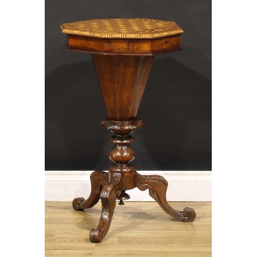 1451 - A Victorian walnut, marquetry and parquetry trumpet shaped combination work and games table, hinged ... 