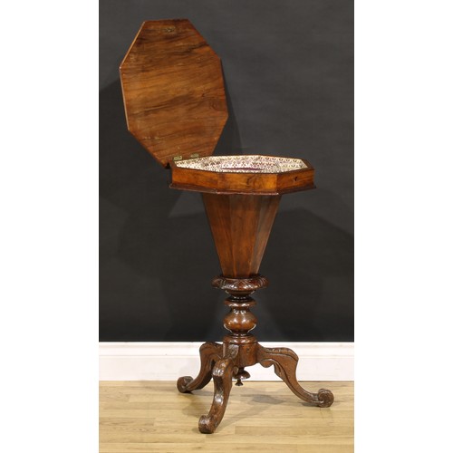 1451 - A Victorian walnut, marquetry and parquetry trumpet shaped combination work and games table, hinged ... 