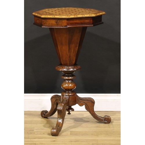 1451 - A Victorian walnut, marquetry and parquetry trumpet shaped combination work and games table, hinged ... 