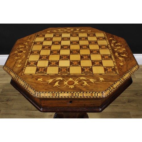 1451 - A Victorian walnut, marquetry and parquetry trumpet shaped combination work and games table, hinged ... 