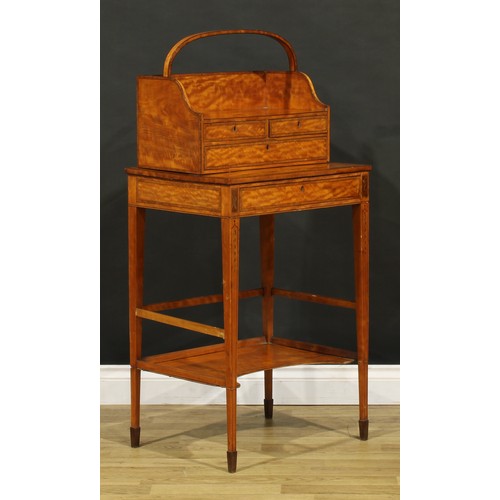 1272 - A Sheraton Revival rosewood crossbanded satinwood and painted Cheveret desk, the superstructure with... 