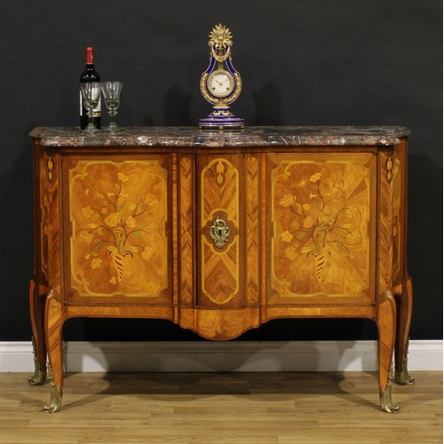 1383 - A 19th century French kingwood and marquetry side cabinet, marble top above a pair of doors, inlaid ... 