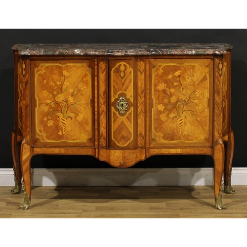 1383 - A 19th century French kingwood and marquetry side cabinet, marble top above a pair of doors, inlaid ... 