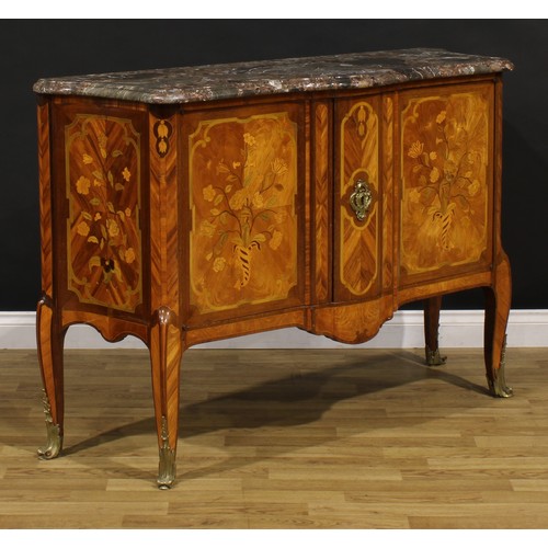 1383 - A 19th century French kingwood and marquetry side cabinet, marble top above a pair of doors, inlaid ... 