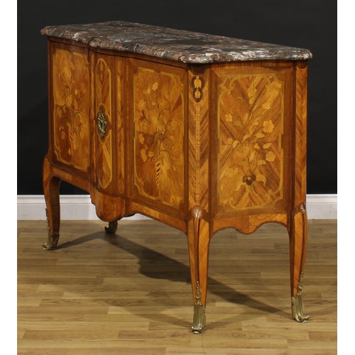 1383 - A 19th century French kingwood and marquetry side cabinet, marble top above a pair of doors, inlaid ... 