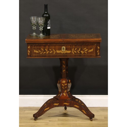 1326 - A 19th century Dutch marquetry sofa table, hinged bipartite top above a long frieze drawer, panelled... 