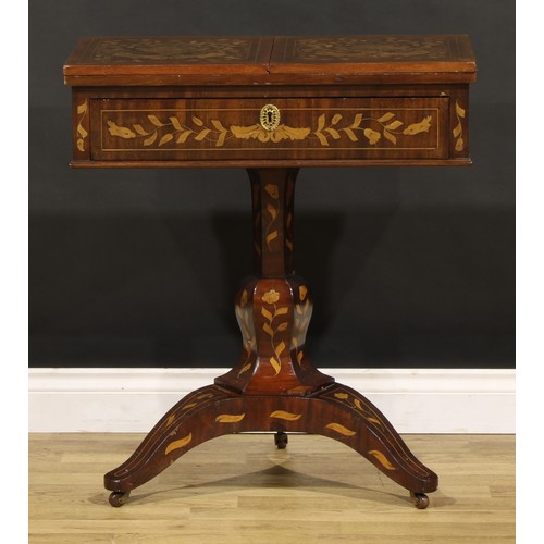 1326 - A 19th century Dutch marquetry sofa table, hinged bipartite top above a long frieze drawer, panelled... 