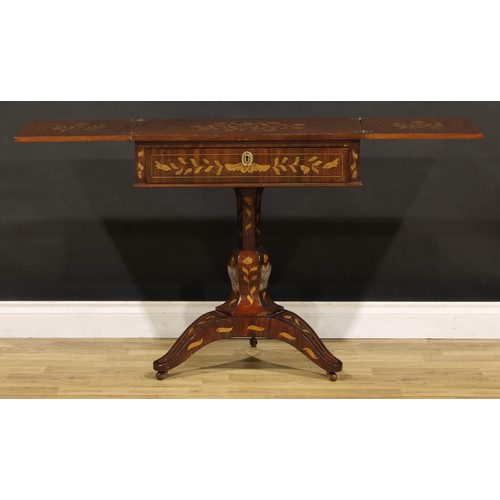 1326 - A 19th century Dutch marquetry sofa table, hinged bipartite top above a long frieze drawer, panelled... 