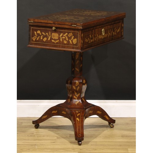 1326 - A 19th century Dutch marquetry sofa table, hinged bipartite top above a long frieze drawer, panelled... 