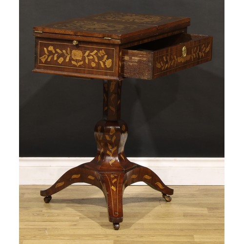 1326 - A 19th century Dutch marquetry sofa table, hinged bipartite top above a long frieze drawer, panelled... 