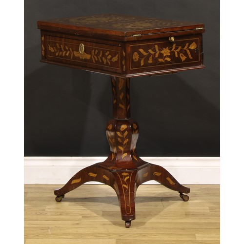 1326 - A 19th century Dutch marquetry sofa table, hinged bipartite top above a long frieze drawer, panelled... 