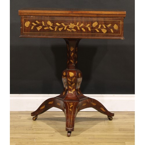 1326 - A 19th century Dutch marquetry sofa table, hinged bipartite top above a long frieze drawer, panelled... 