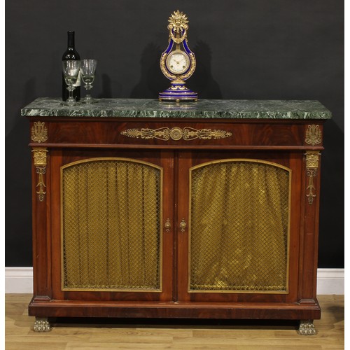 1231 - A French Empire design gilt metal mounted mahogany side cabinet, marble top above a pair of pleated ... 