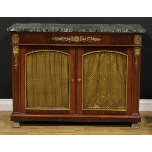 1231 - A French Empire design gilt metal mounted mahogany side cabinet, marble top above a pair of pleated ... 