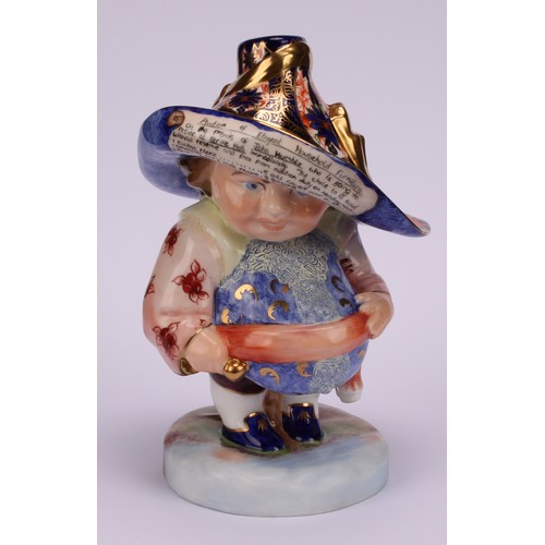 120 - A Royal Crown Derby Mansion House dwarf, standing, wearing a broad brimmed Imari solid gold band hat... 