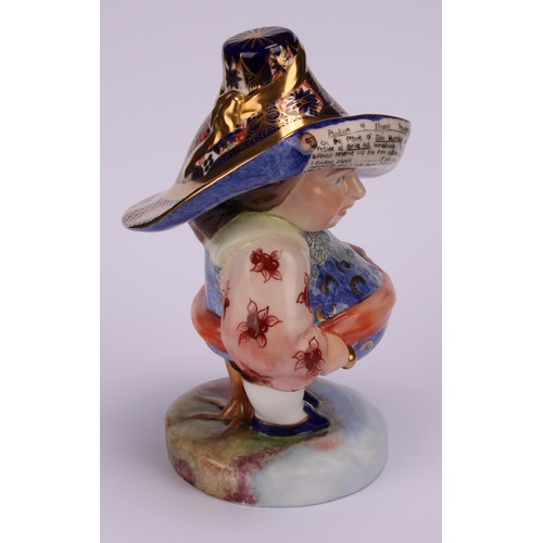 120 - A Royal Crown Derby Mansion House dwarf, standing, wearing a broad brimmed Imari solid gold band hat... 