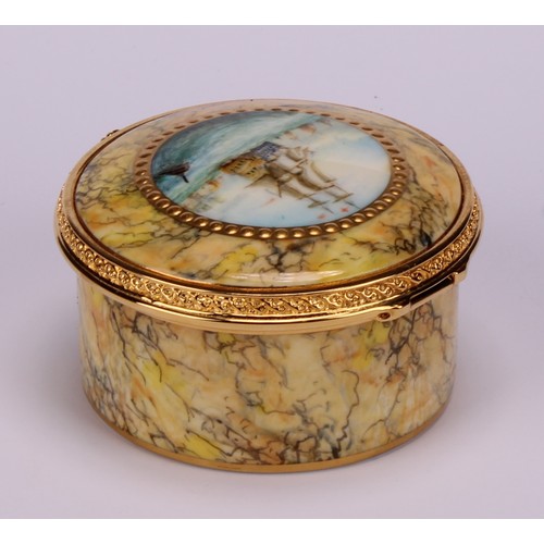 122 - A Lynton porcelain circular table box, painted by Stefan Nowacki, signed, with a galleon and other s... 