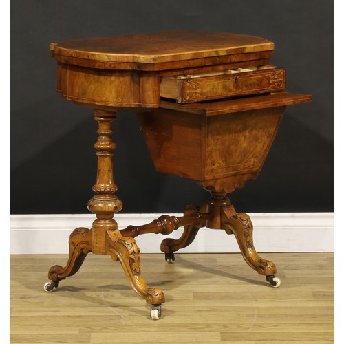 1869 - A Victorian walnut combination work and games table, hinged top enclosing parquetry fields inlaid fo... 