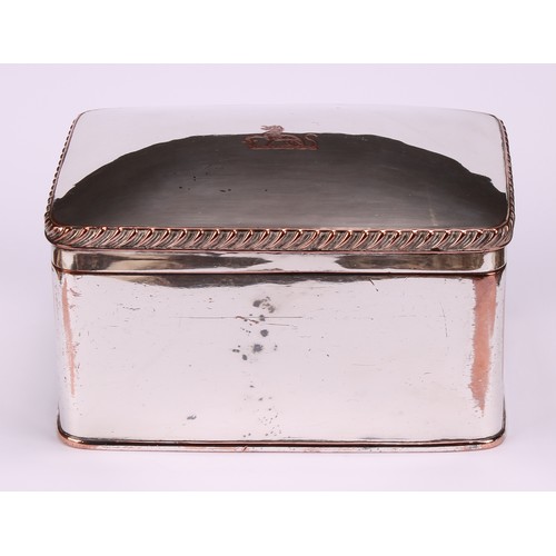 547 - A George IV Old Sheffield rounded rectangular tea caddy, hinged cover with gadrooned border, 16cm wi... 